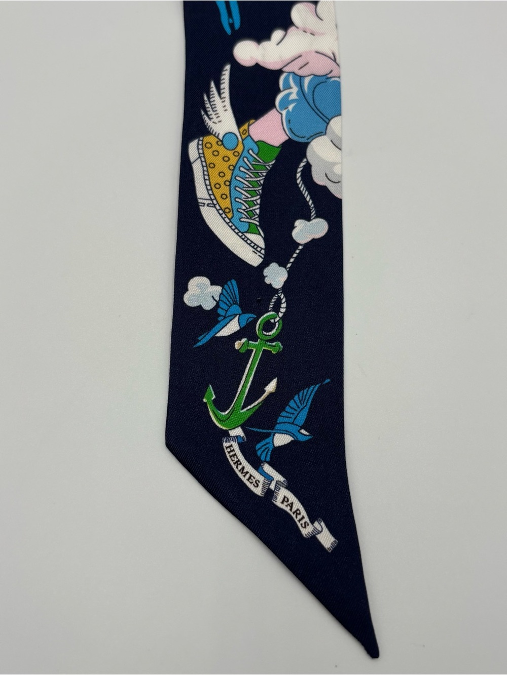 Hermes Sur Mon Nuage Twilly Silk Scarf Marine Clair Ciel Navy Blue Cloud Print - Picture 4 of 6